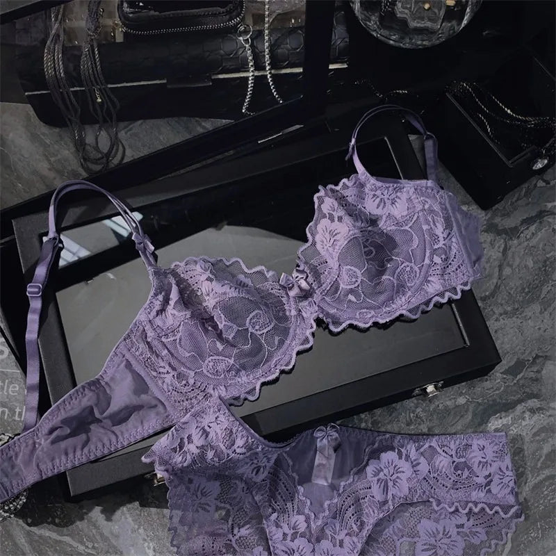 Chic French Ultra-thin Lace Lingerie Set, Large Breasts See-through Underwire Bra,small Bust Lift Elegant Soft Feminine Set S-xl