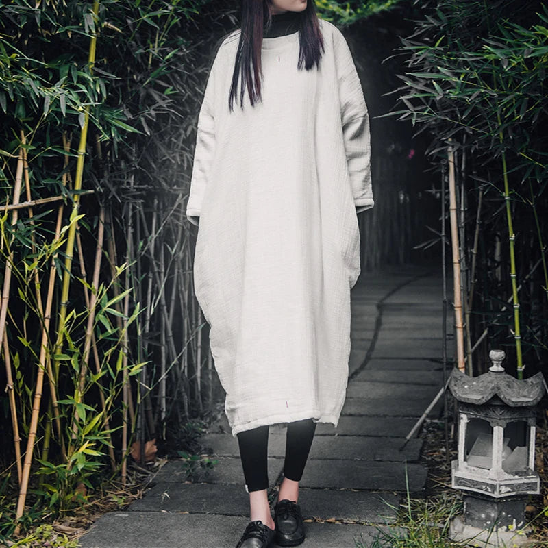 Johnature Women Vintage Maxi Dress 2025 Spring New Bat Sleeve Embroidery Cotton Linen  Robe Long Sleeve Long Dresses