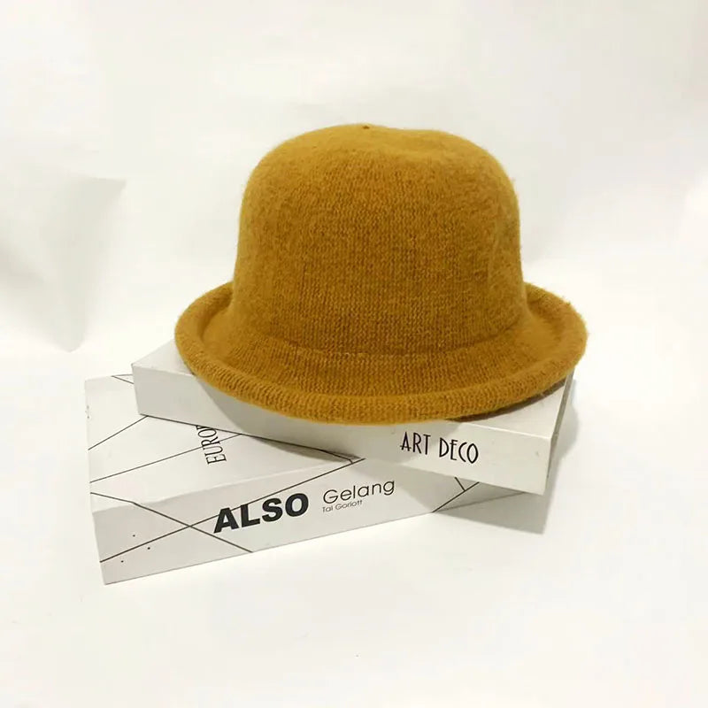 Wool Knit Bucket Hat for Women Japanese Simple Fedora Small Topper Hat Casual Ladies Solid Color British Top Hat Rolled Brim
