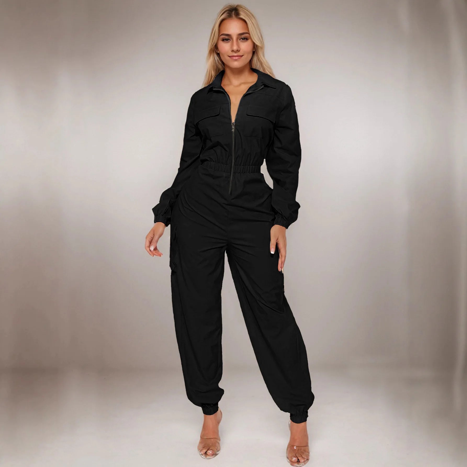 Women Jumpsuits Solid Rompers Zipper Pocket Turn Down Collar Long Sleeve Mid Waist Full Length Cargo Pants Loose Fit 2025 Summer