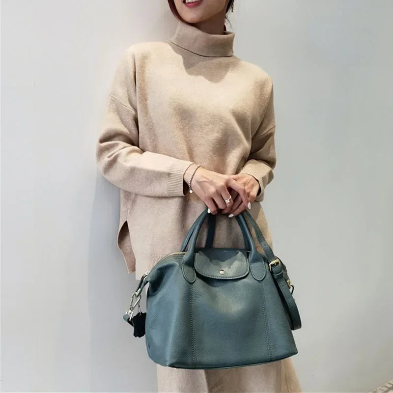 Genuine Leather Women's Casual Shoulder Bags 2025 New Soft Leather Totes Ladies Crossbody Bag High Quality Classic Handbags Blue