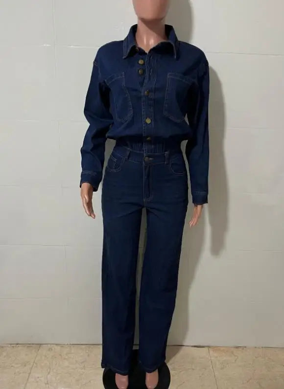 Jumpsuit Women 2026 New Spring Autumn Solid Color Pocket Design Turn-Down Collar Long Sleeved High Waist Casual Denim Jumpsuit