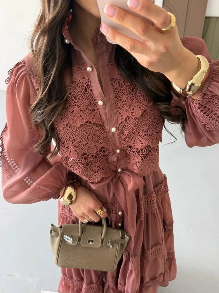 Elegant Hollow Out Women's Long Dresses Lantern Sleeves Lace Up Pearl Single Breasted Dress 2026 Spring Summer Female Solid Robe