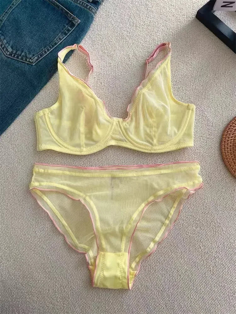 European Luxury Lingerie Set Full Cup Sheer Ultra Thin Bra & Panty Set Sexy Comfort for Women Large Small MOYISU Sexy Tushy S-XL
