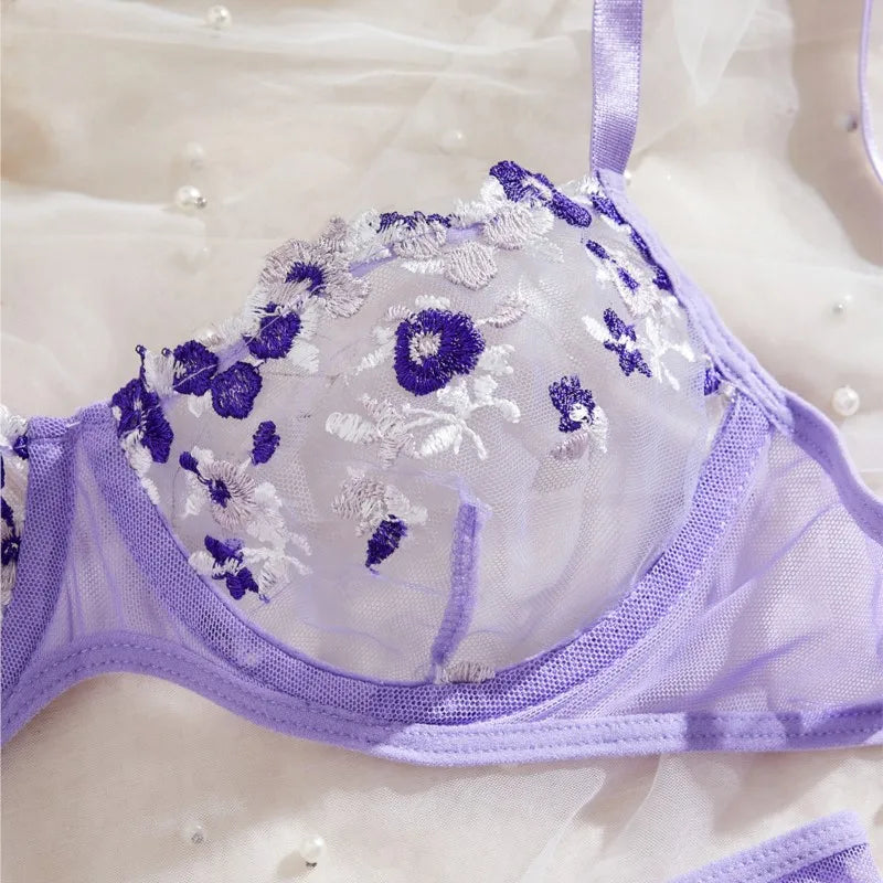 Bra Transparent Lady Floral Embroidery Lingerie Set Women Sheer Bra And Brief Underwear Set Satin Sexy Intimates Underwear