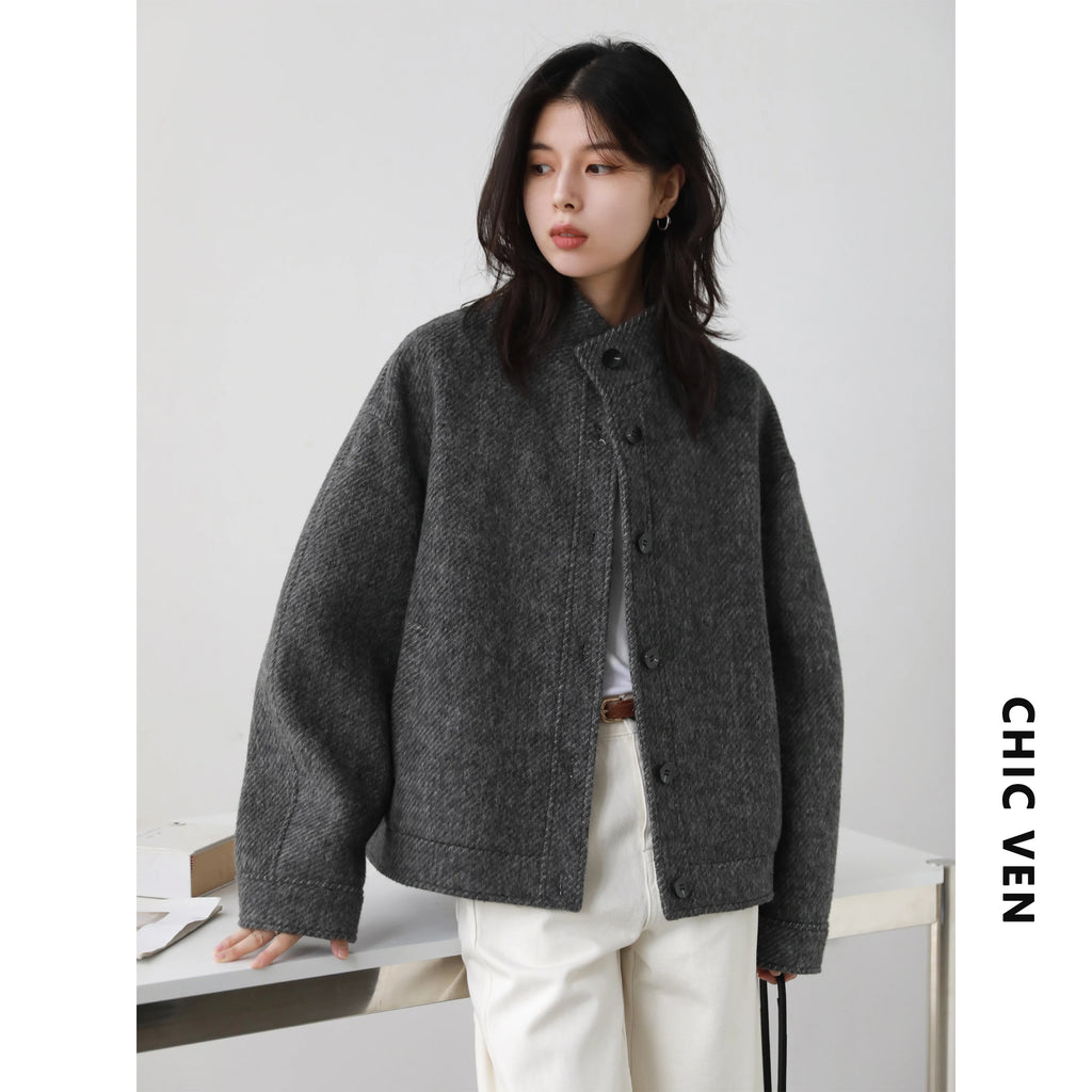 Women Short Woolen Single Breasted Ladies Jacket