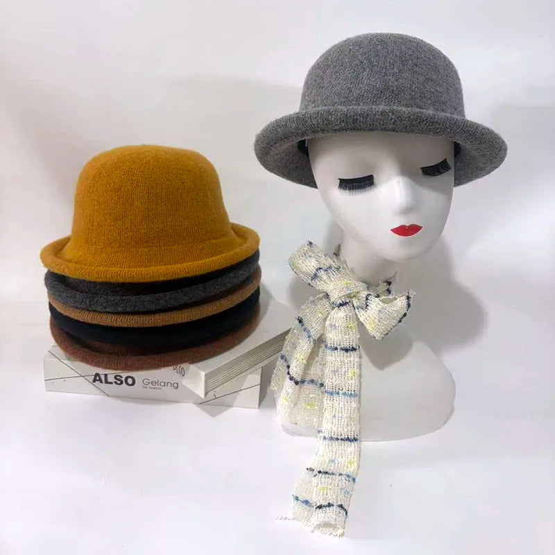 Wool Knit Bucket Hat for Women Japanese Simple Fedora Small Topper Hat Casual Ladies Solid Color British Top Hat Rolled Brim