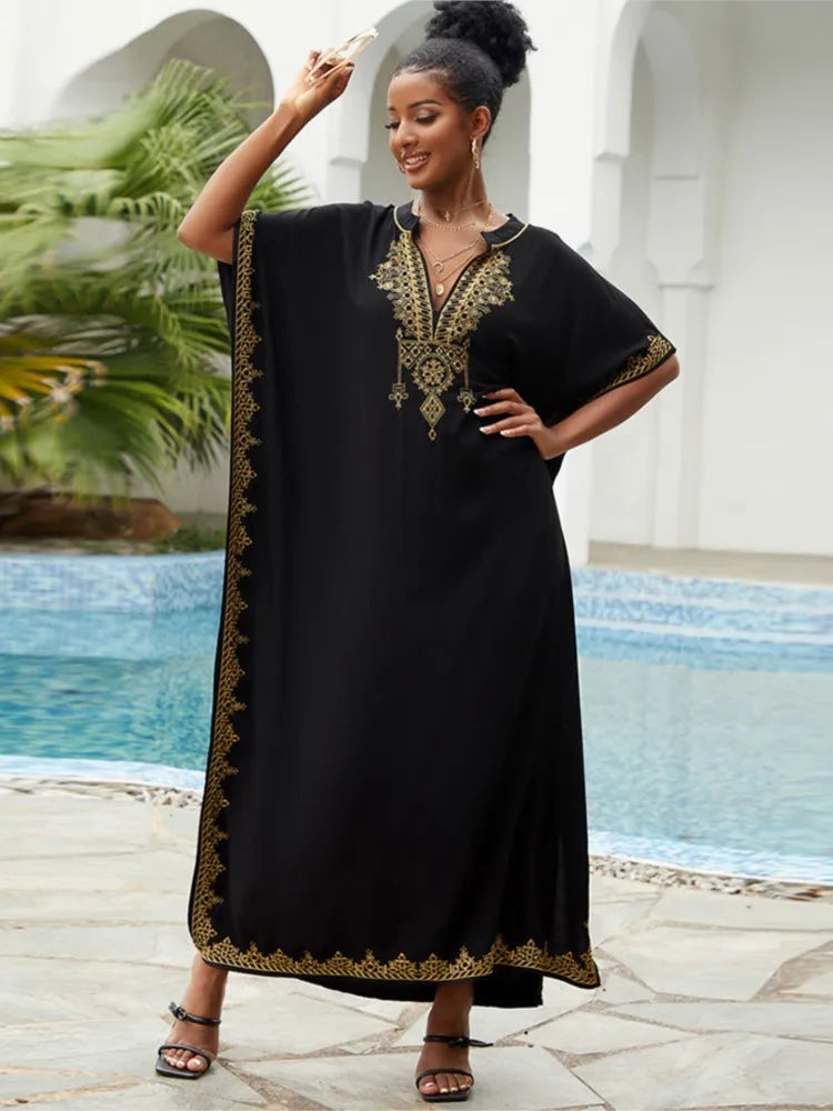 Women Vintage Loose Dress Cotton Beach Cover-up Embroidered Robe Vacation Sun Protection Bikini Cover-up Sexy Dresses For Women