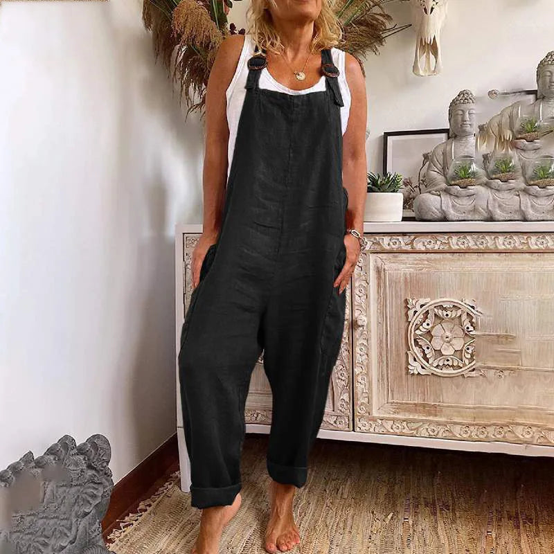 New Solid Color Large size Linen Women Jumpsuits Casual Vintage Sleeveless Adjustable Straps Loose Jumpsuit Bib Overalls