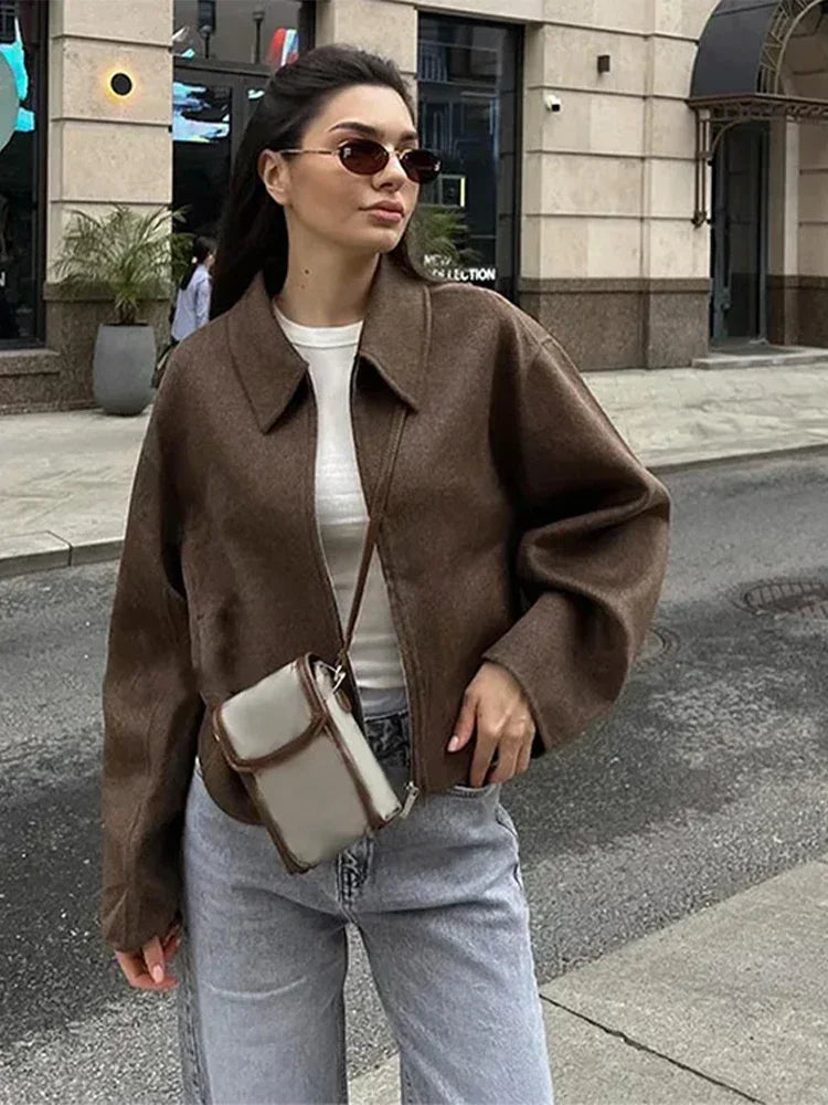 Fashion Brown Zipper Woolen Jacket For Women Elegant Lapel Long Sleeve Short Coats Female Vintage Autumn Lady Street Outerwear