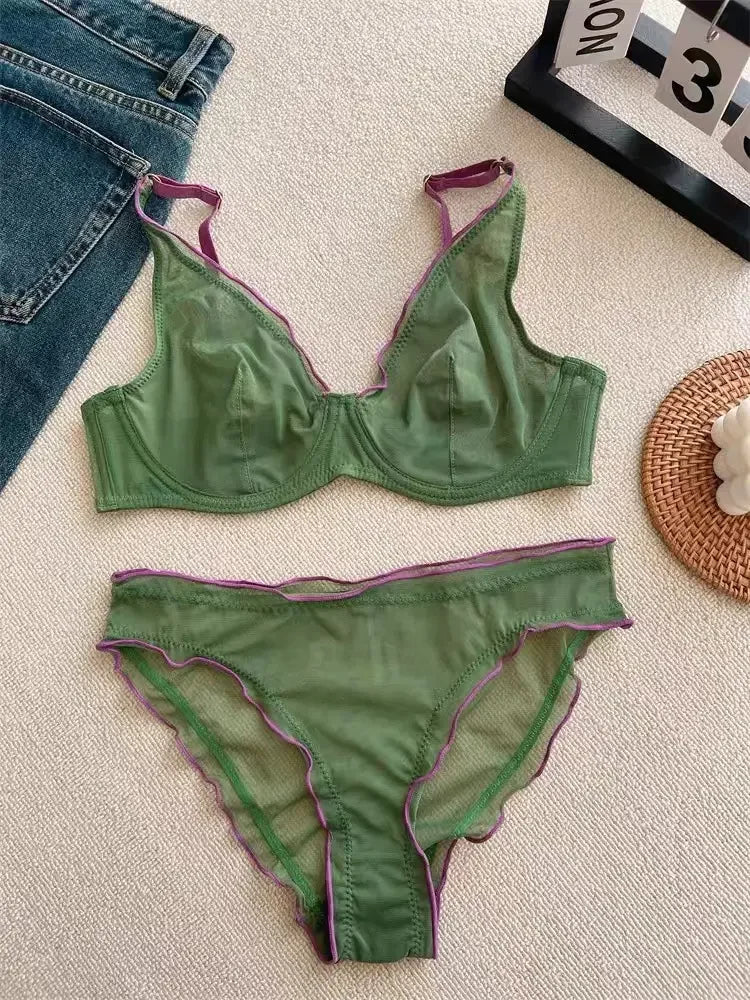 European Luxury Lingerie Set Full Cup Sheer Ultra Thin Bra & Panty Set Sexy Comfort for Women Large Small MOYISU Sexy Tushy S-XL