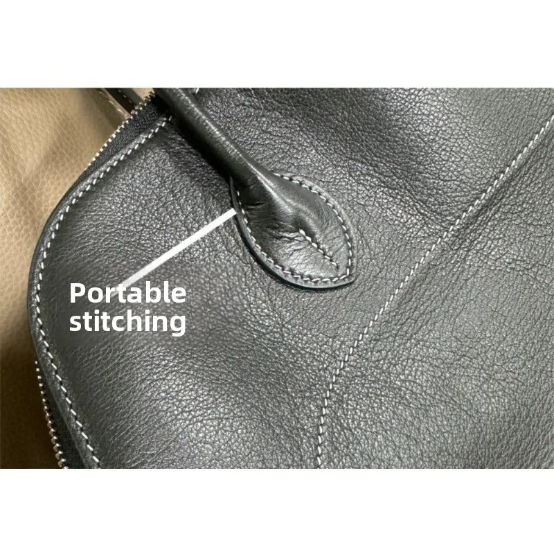 Light Luxury High-end Hand-stitched Bowling Handbag, First-layer Cowhide Shell Bag, Large-capacity Commuter Versatile Bag