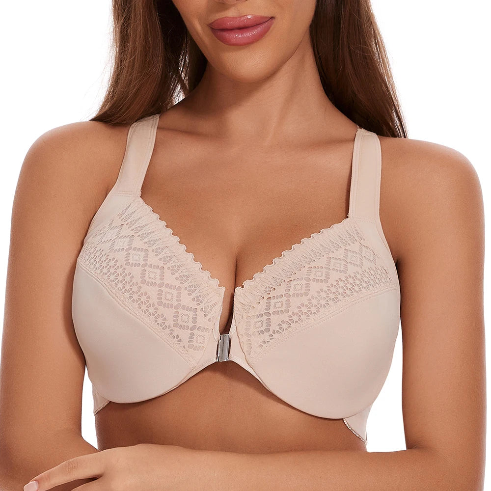 Sheroine Plus Size Lace Bra, Front Closure Full Coverage Underwire Unpadded Racerback Bra, Supportive and Comfort for Daily Wear