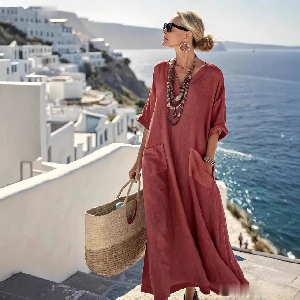 2025 Autumn Women's New Half Cuff Pocket V-neck Fashionable Pleated Loose Dress Women's Casual Solid Color Beach Vacation Skirt