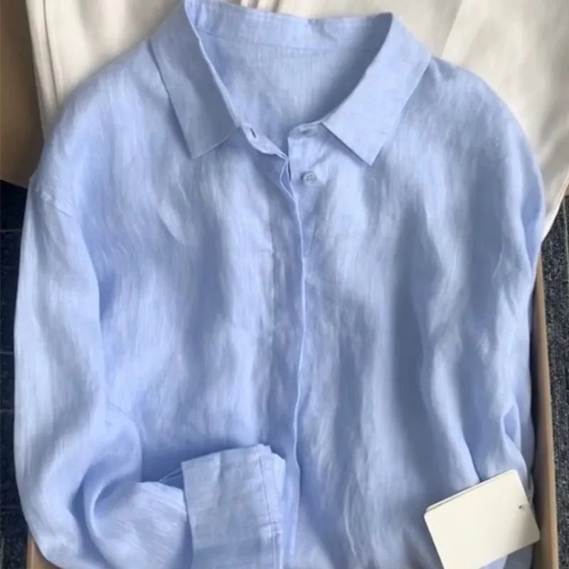 Casual Office Ladies Work Solid Color Linen Shirt Long Sleeve Spring Summer Single Breasted Loose Fit Fashion Women Blouses Tops