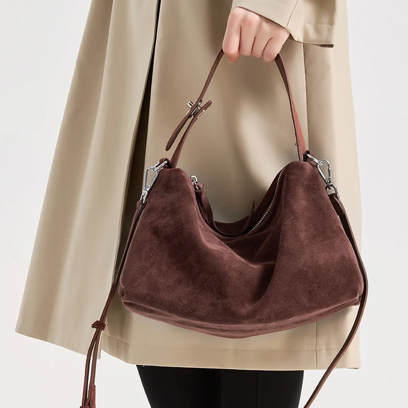 Russian Women's Genuine Suede Cowhide Leather Shoulder Bag Retro Frosted Cow Large Capacity Versatile Commuting Luxury Designer