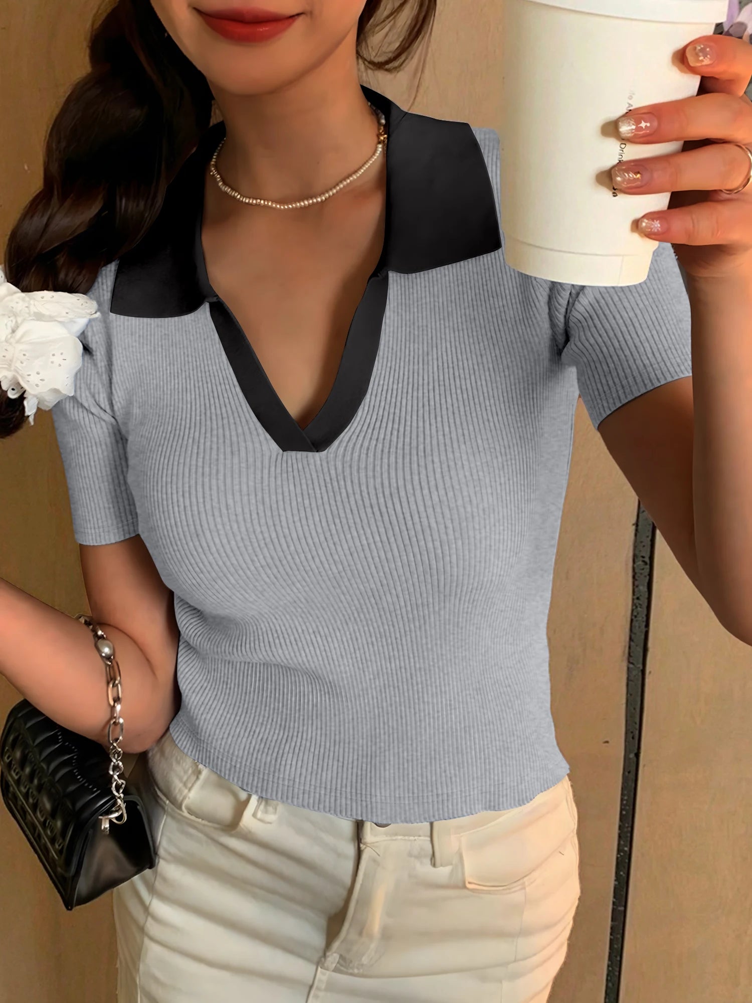Summer Women's Shirt V-neck Short Sleeve POLO Shirt Clash Color Ribbed New Fashion Casual Women's Tops Sweet Style