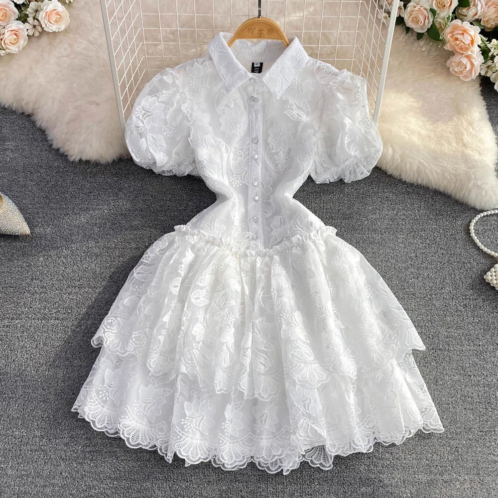 Women Vintage Lace Gown Dress Turn Down Collar Puff Sleeve Mini Dresses Single Breasted Spliced Elegant Vestidos Summer