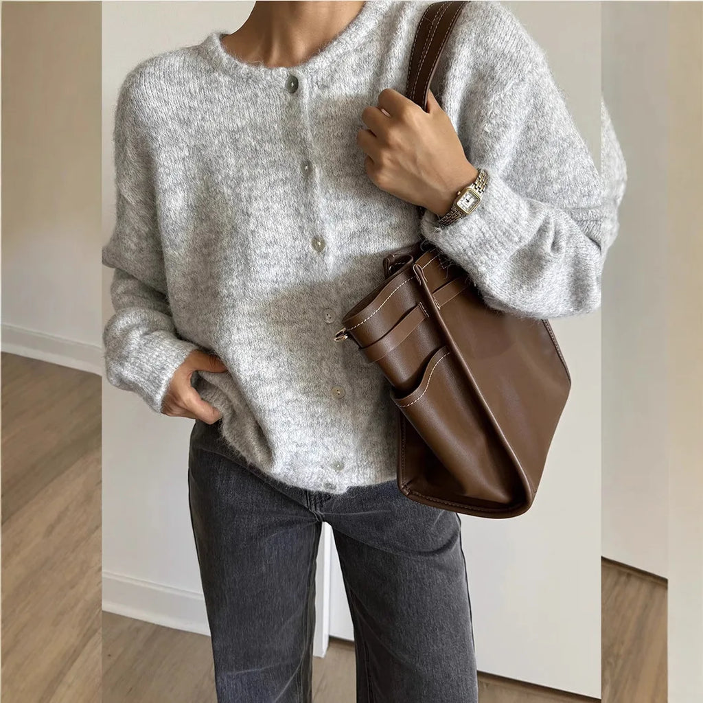 Women's Grey Wool Knitted Cardigan