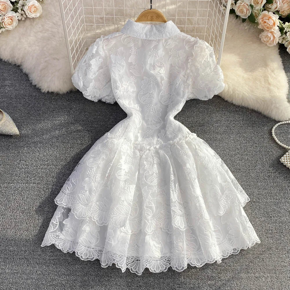 Women Vintage Lace Gown Dress Turn Down Collar Puff Sleeve Mini Dresses Single Breasted Spliced Elegant Vestidos Summer