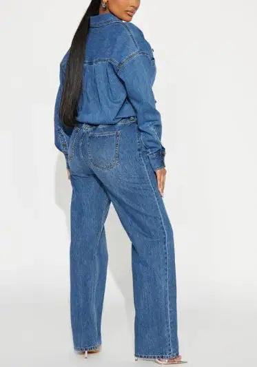 Jumpsuit Women 2026 New Spring Autumn Solid Color Pocket Design Turn-Down Collar Long Sleeved High Waist Casual Denim Jumpsuit