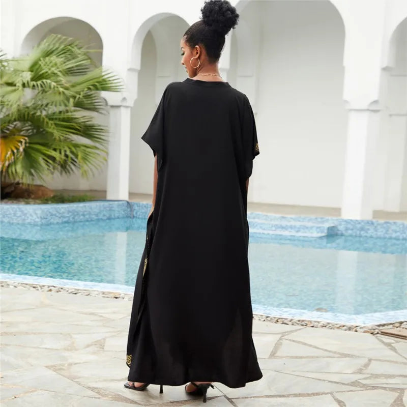 Women Vintage Loose Dress Cotton Beach Cover-up Embroidered Robe Vacation Sun Protection Bikini Cover-up Sexy Dresses For Women
