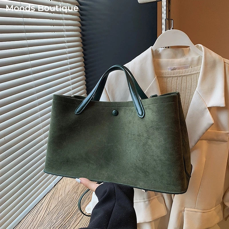 MOODS Branded Luxury Designer Handbags For Women 2-IN-1 Faux Suede Pure Color Large Capacity Shopper Shoulder Tote Bag Set 2025