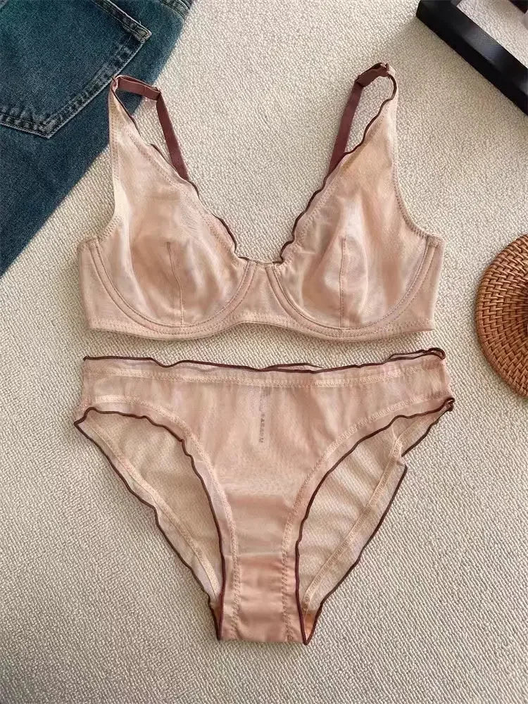 European Luxury Lingerie Set Full Cup Sheer Ultra Thin Bra & Panty Set Sexy Comfort for Women Large Small MOYISU Sexy Tushy S-XL