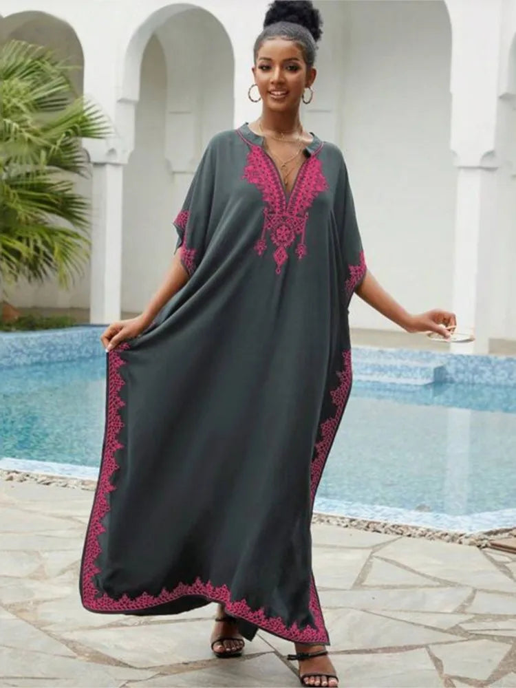 Women Vintage Loose Dress Cotton Beach Cover-up Embroidered Robe Vacation Sun Protection Bikini Cover-up Sexy Dresses For Women