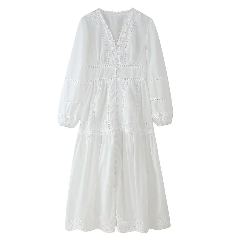 Elegant V Neck Lace Hollow Out Maxi Dress Women Puff Sleeve Embroidery Belt A-Line Elegant Spring New Lady Robes Summer 2025