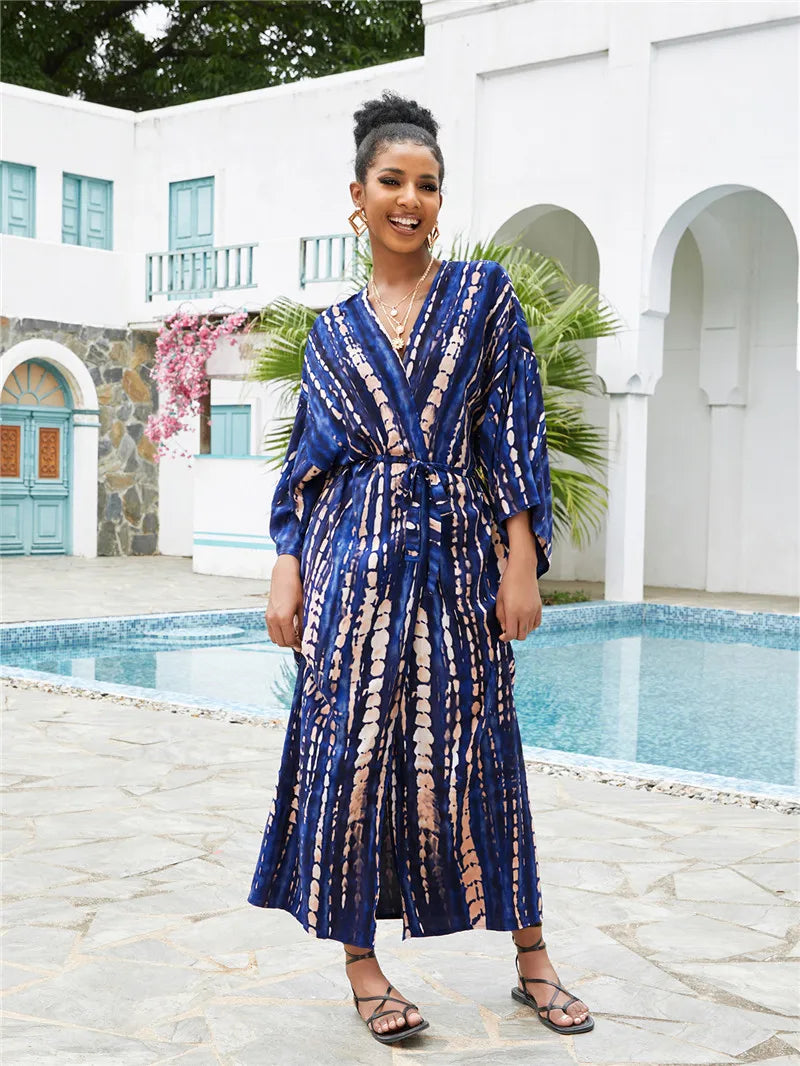 Long Kimono Swimsuit Cover up for Women Stylish Tie Dye Open Front Beach Outfits Bathing Suit