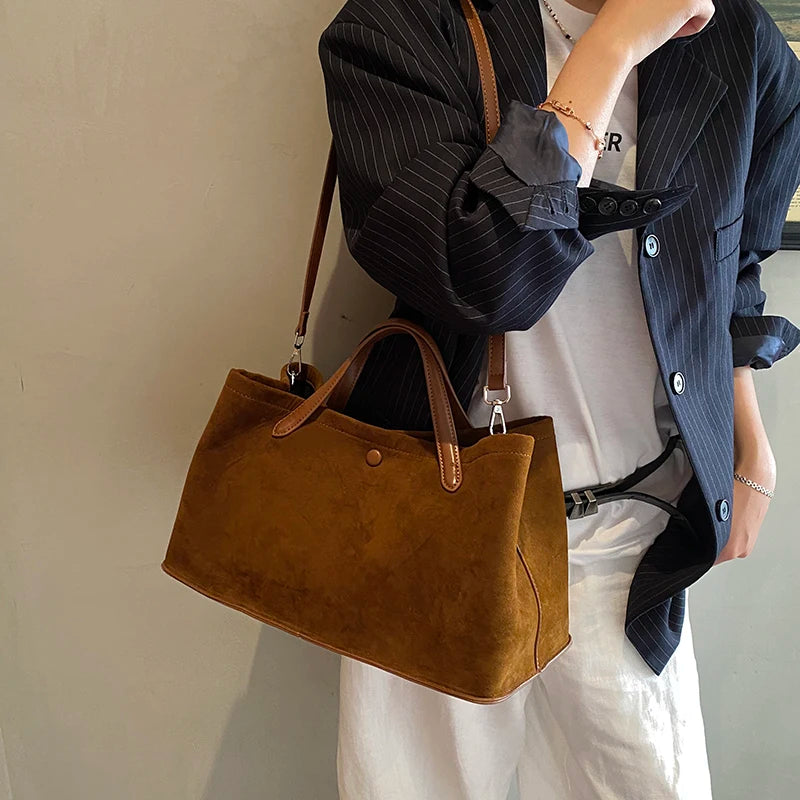 MOODS Branded Luxury Designer Handbags For Women 2-IN-1 Faux Suede Pure Color Large Capacity Shopper Shoulder Tote Bag Set 2025