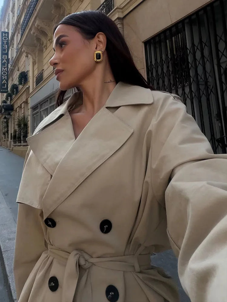 HH Spring Women Elegant Lapel Belt Shoulder Pad Solid Short Windbreaker Female High Street Double Breasted Long Sleeve Jacket