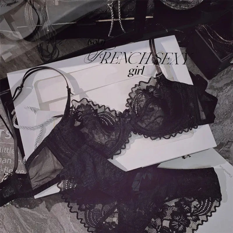 Chic French Ultra-thin Lace Lingerie Set, Large Breasts See-through Underwire Bra,small Bust Lift Elegant Soft Feminine Set S-xl