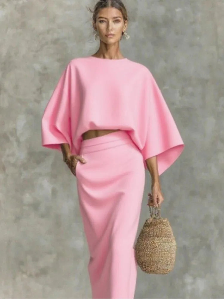 2025 New Fashion Bat Sleeve Shirt + Skirt Suit Women Autumn Casual Loose Solid Color Home Top Long Skirt For Women
