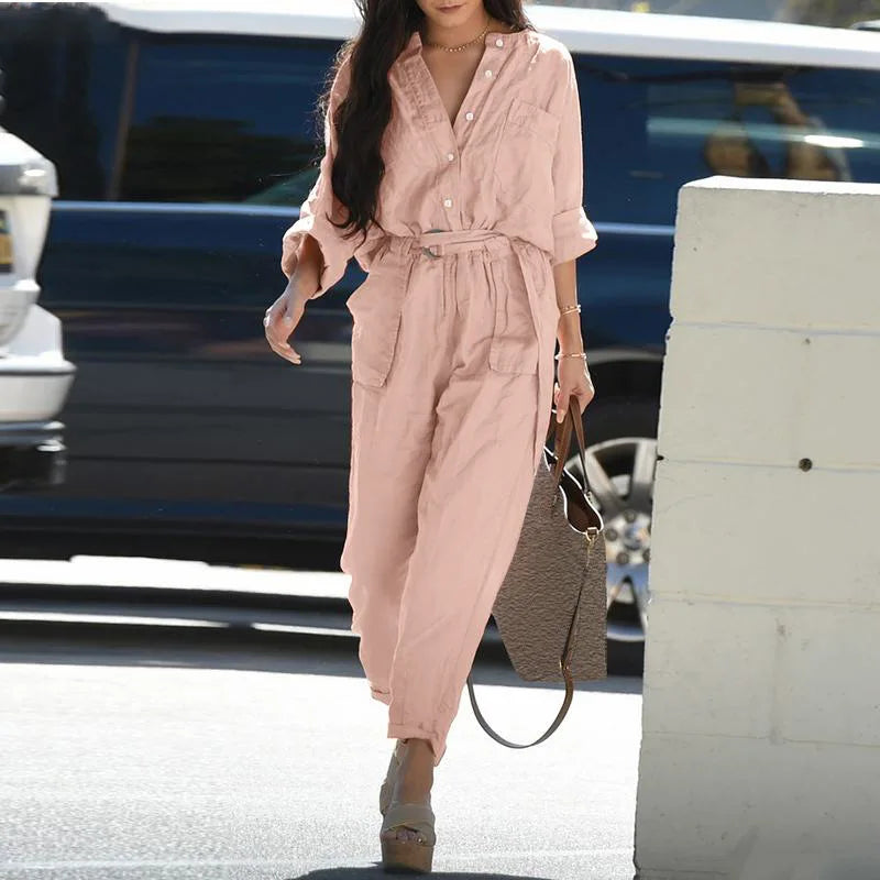 Women's Solid Casual Jumpsuit New Spring Autumn Elegant Long Sleeve High Waist Leace-up Vintage Ladies Jumpsuits Female Rompers