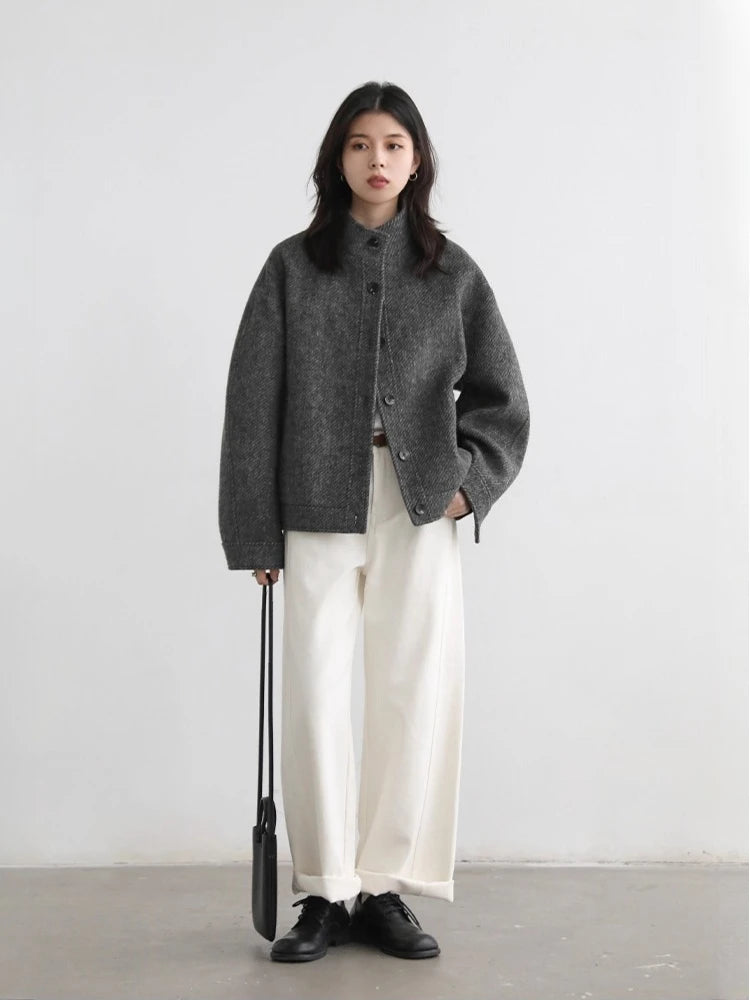 Women Short Woolen Single Breasted Ladies Jacket