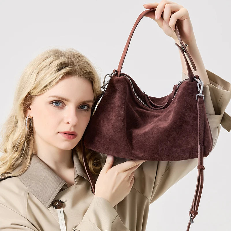 Russian Women's Genuine Suede Cowhide Leather Shoulder Bag Retro Frosted Cow Large Capacity Versatile Commuting Luxury Designer
