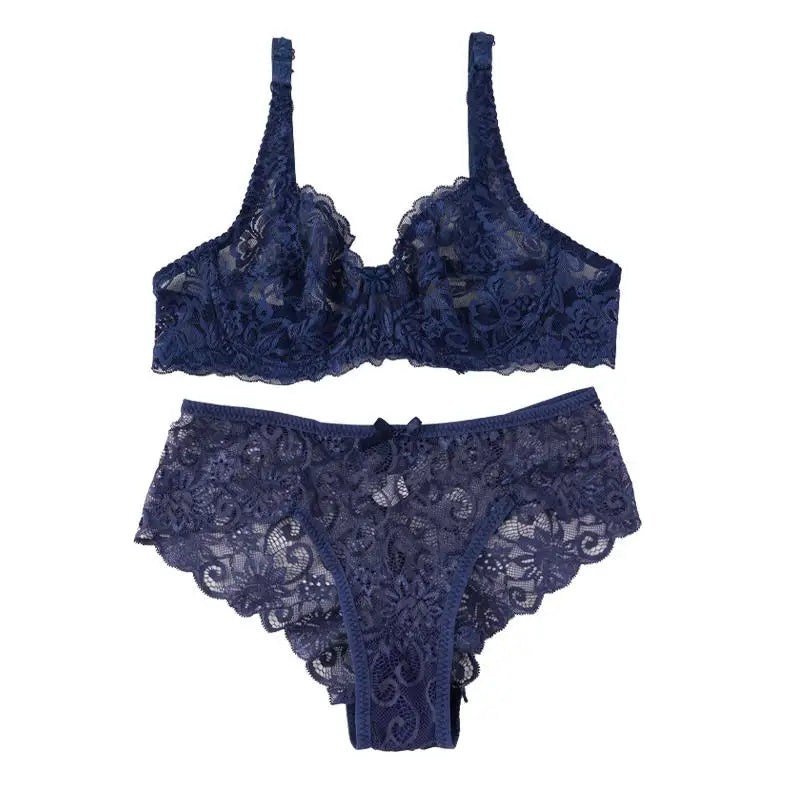 Sexy Lace Bra Suit Non-pad Women Ultra-thin Push-up Panty Set Delicate President for Girlfriend Cup B/C Plus Size 34-40 2PCS Set
