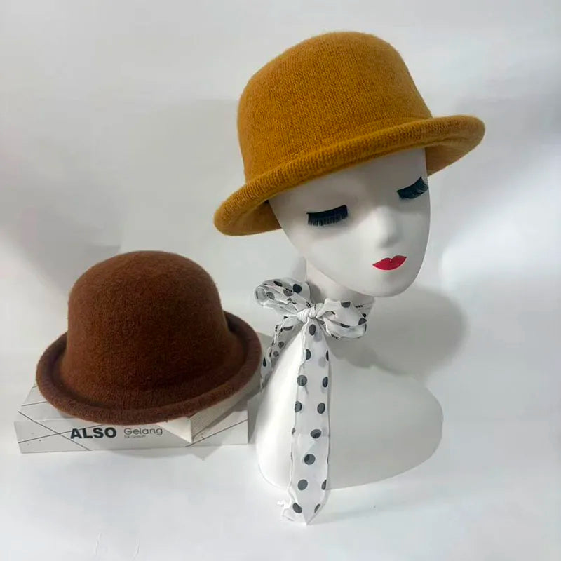 Wool Knit Bucket Hat for Women Japanese Simple Fedora Small Topper Hat Casual Ladies Solid Color British Top Hat Rolled Brim