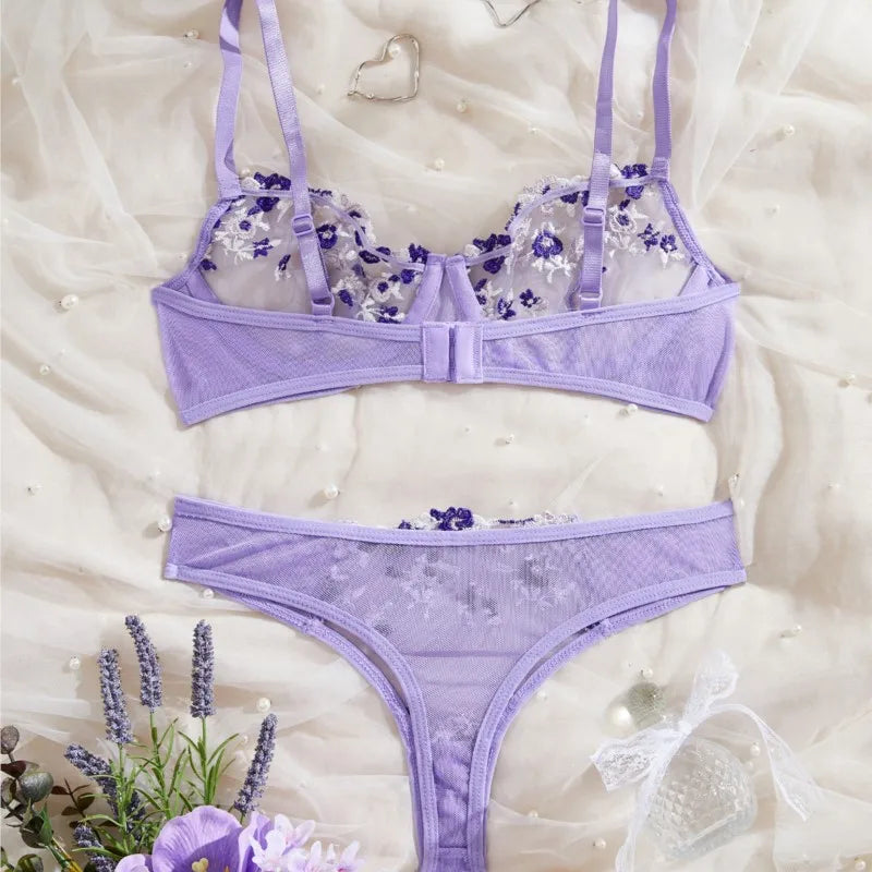 Bra Transparent Lady Floral Embroidery Lingerie Set Women Sheer Bra And Brief Underwear Set Satin Sexy Intimates Underwear