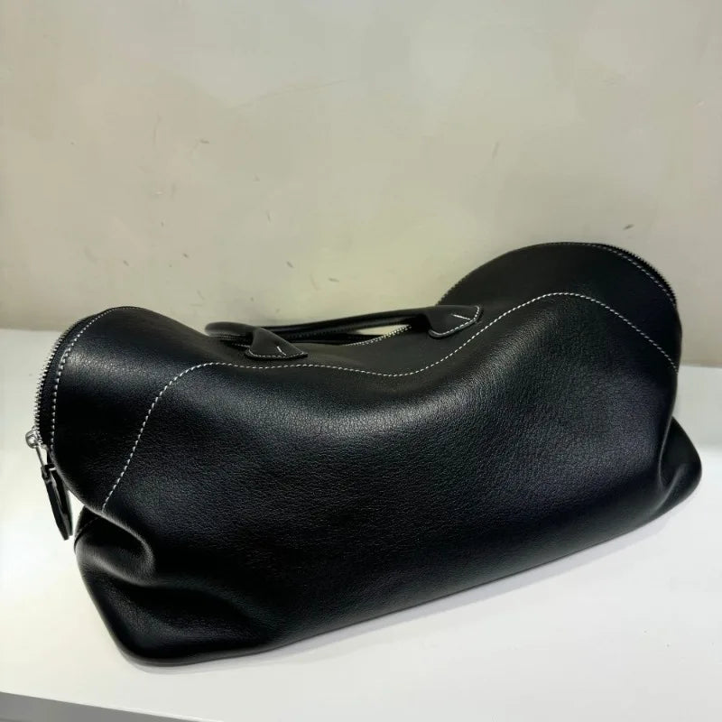 Light Luxury High-end Hand-stitched Bowling Handbag, First-layer Cowhide Shell Bag, Large-capacity Commuter Versatile Bag