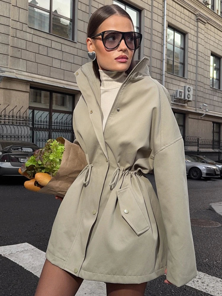 Tossy Stand Collar Lace-Up Trench Jacket Fashion Female Autumn 2025 Commute Long Sleeves Casual Women's High Waist Trench Coat