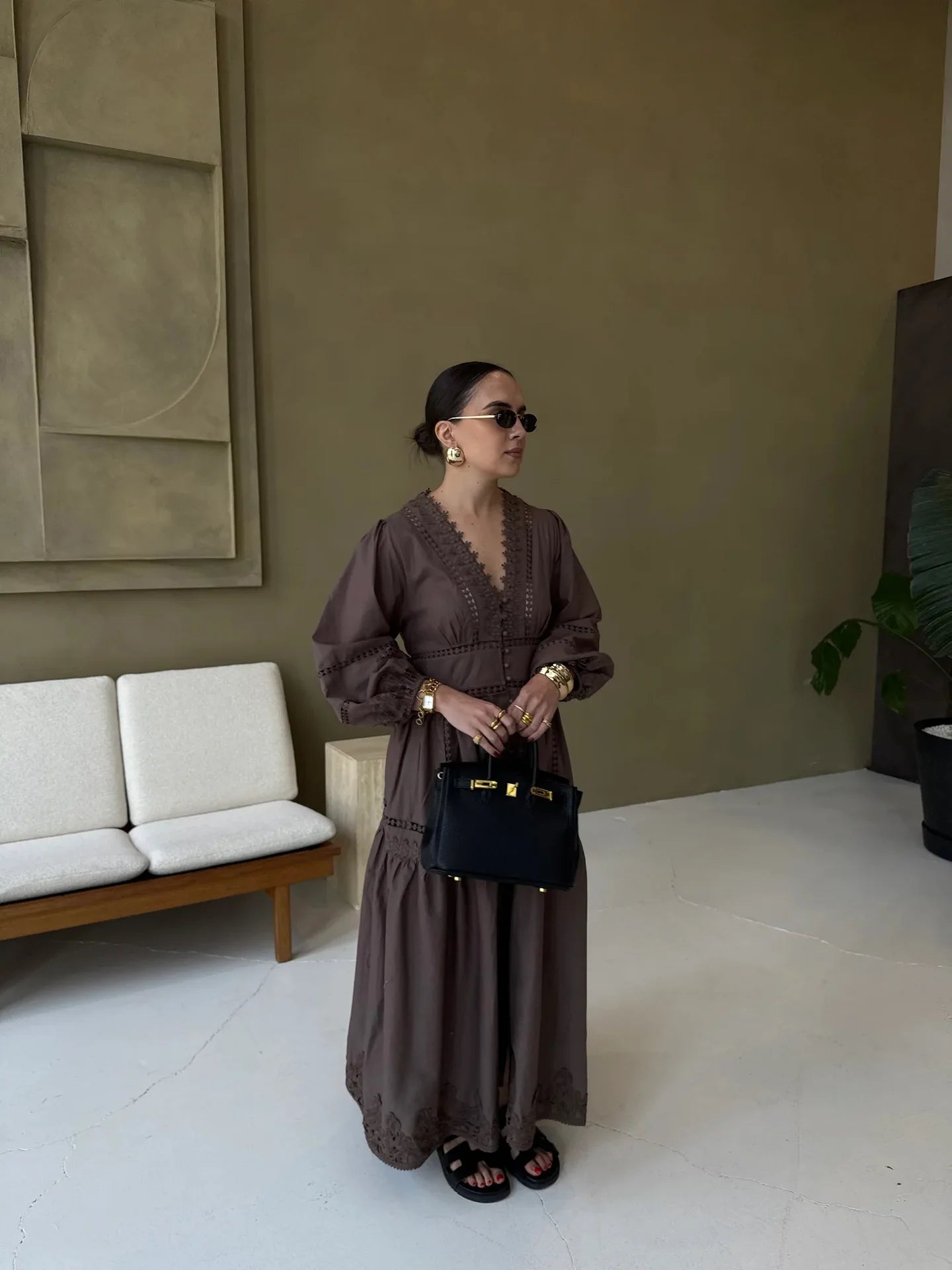 Elegant V Neck Lace Hollow Out Maxi Dress Women Puff Sleeve Embroidery Belt A-Line Elegant Spring New Lady Robes Summer 2025