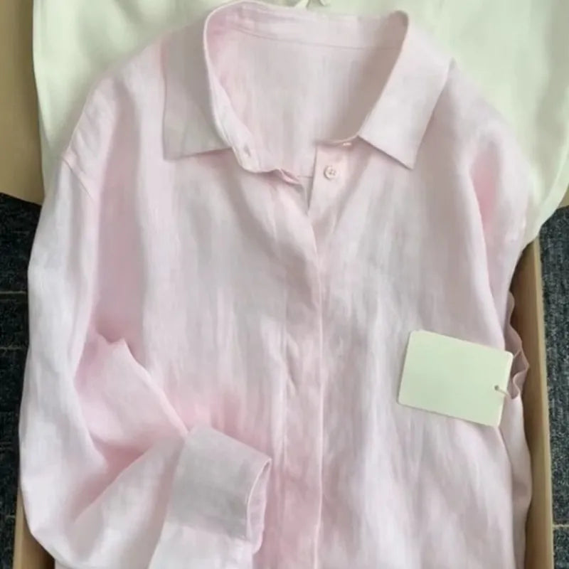 Casual Office Ladies Work Solid Color Linen Shirt Long Sleeve Spring Summer Single Breasted Loose Fit Fashion Women Blouses Tops