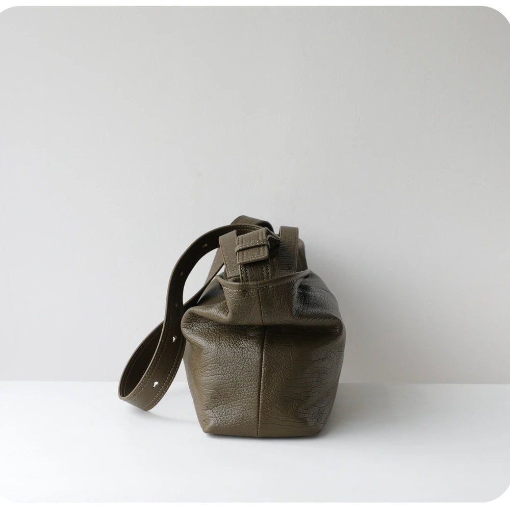 Slouchy Style Elephant Grain Top Layer Cowhide Leather Women Handbag Leisure Sage Green Beautiful Shoulders Bag