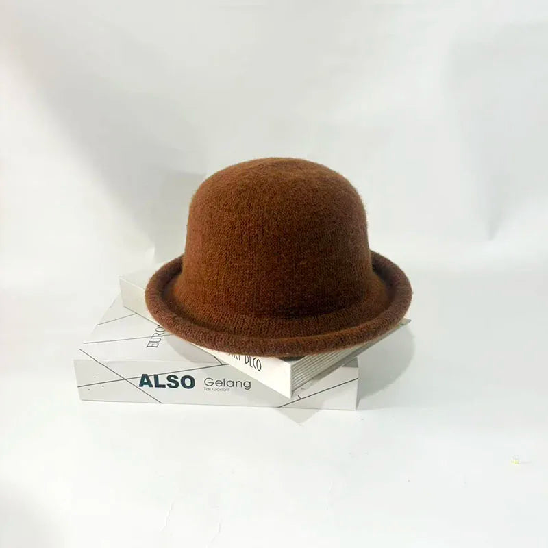 Wool Knit Bucket Hat for Women Japanese Simple Fedora Small Topper Hat Casual Ladies Solid Color British Top Hat Rolled Brim