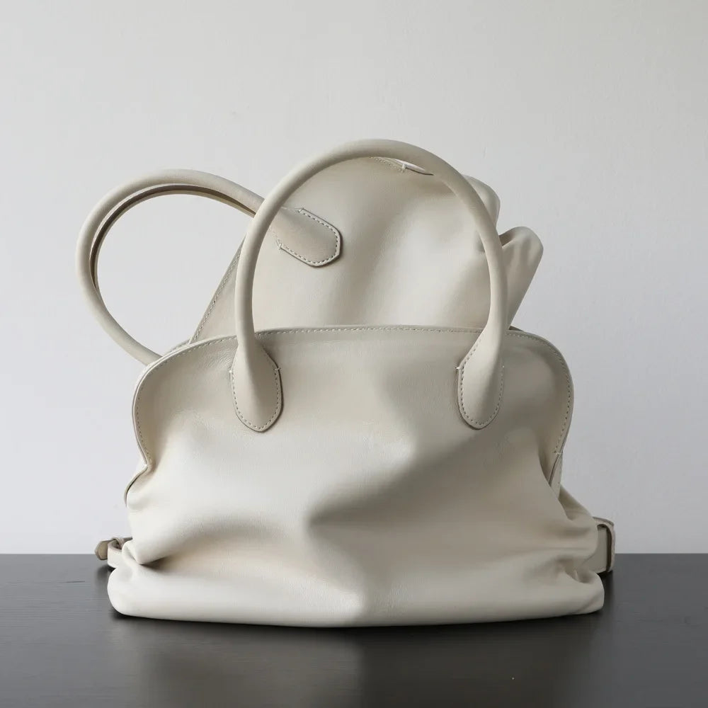 Light Luxury High Quality First-layer Cowhide Pleated Portable Large-capacity Shoulder Messenger Leather Commuter Bowling Bag