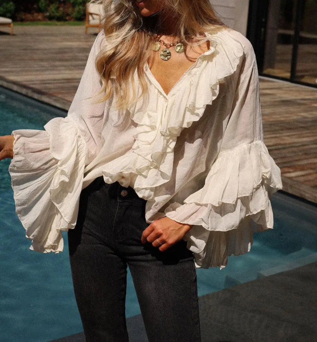 New Fashion Women Ruffle Sheer Blouse Casual Loose V Neck Long Sleeve Shirts for Spring Summer Streetwear Hot Sale S M L
