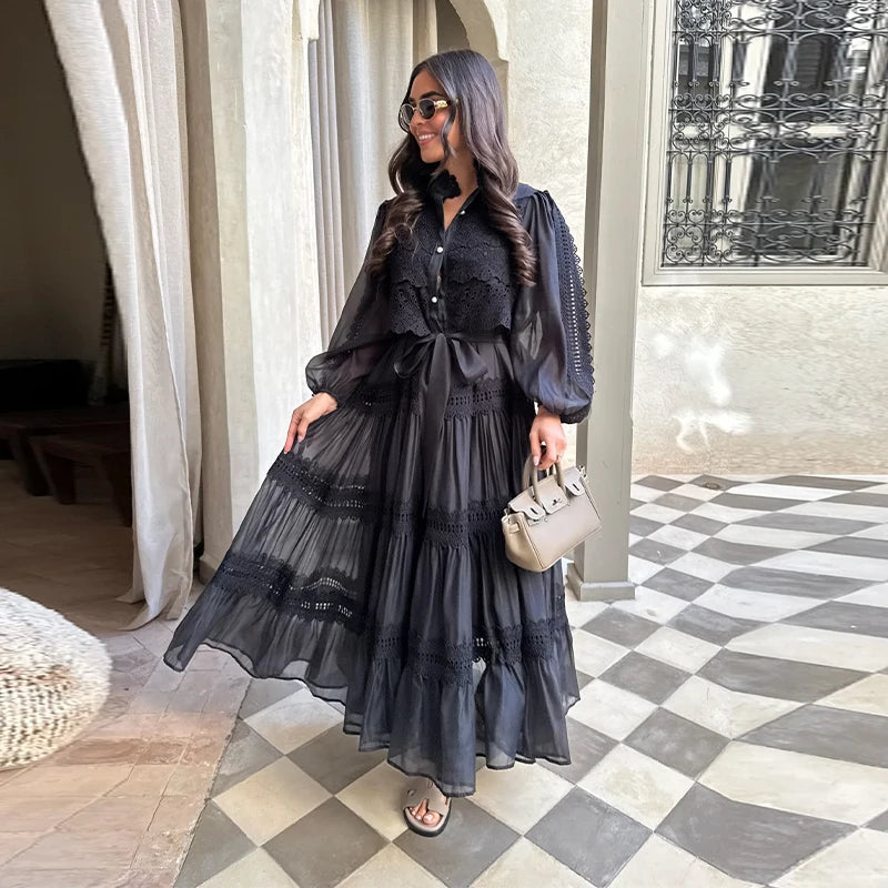 Elegant Hollow Out Women's Long Dresses Lantern Sleeves Lace Up Pearl Single Breasted Dress 2026 Spring Summer Female Solid Robe